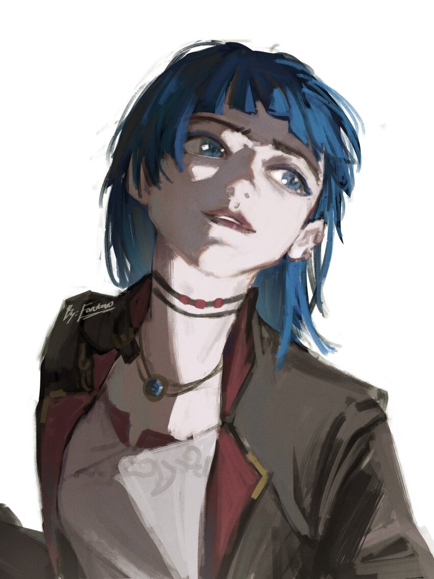 1girl, arcane:_league_of_legends, artist_name, black_jacket, blue_eyes, blue_hair, blunt_bangs, earclip