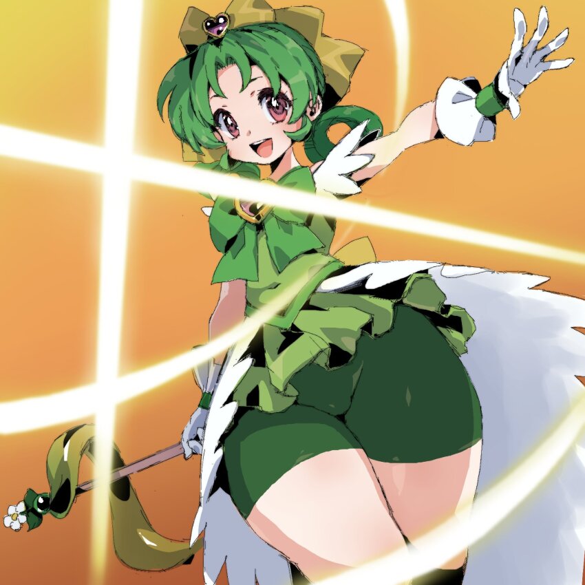 1girl, bow, dress, green_bike_shorts, green_bow, green_dress, green_hair, highres, kawasaki-tan