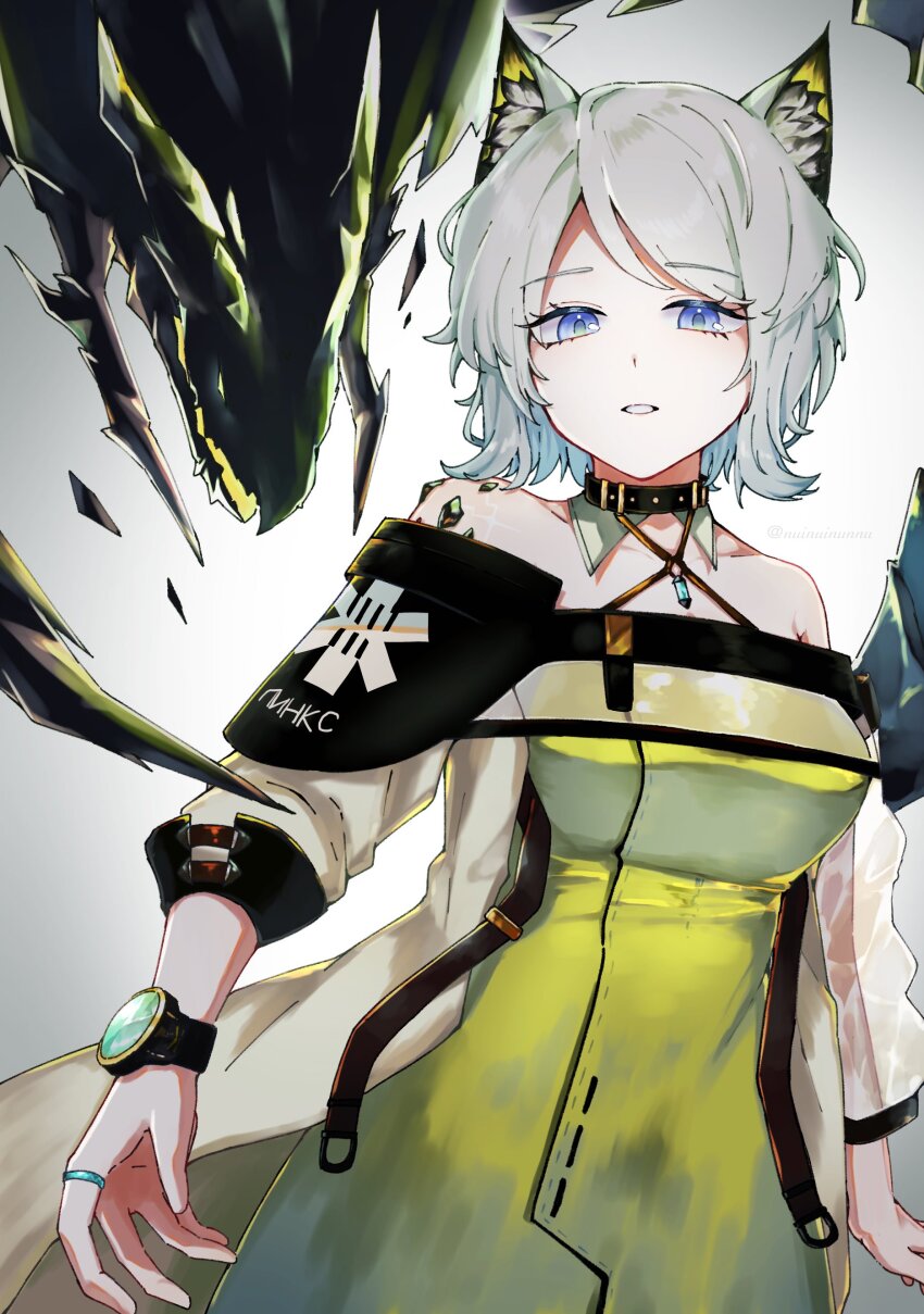 absurdres, animal_ears, arknights, black_trim, cat_ears, choker, commentary, cosplay