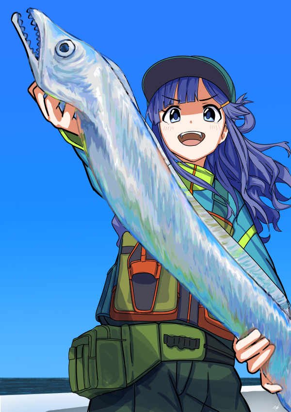 1girl, animal, asari_nanami, bag, blue_eyes, blue_hair, blue_sky, blush