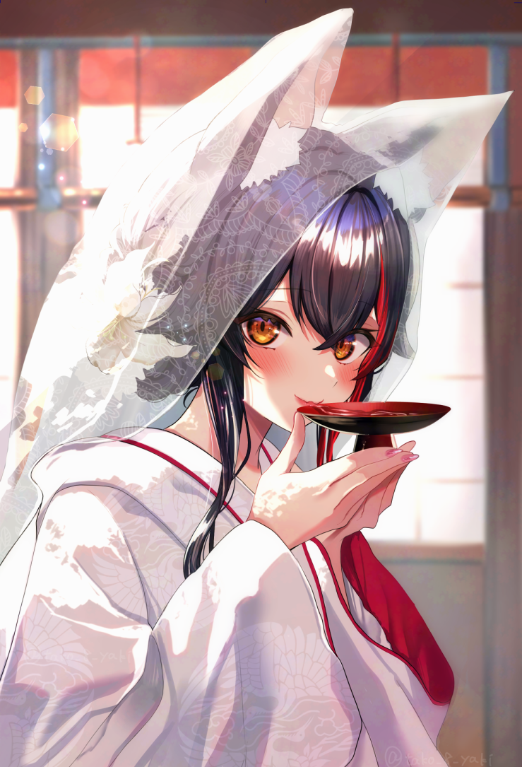 1girl, alternate_costume, animal_ear_fluff, animal_ears, black_hair, blurry, blurry_background, blush, crossed_bangs, cup, depth_of_field, drinking, flower, from_side, hair_flower, hair_ornament, hiki_furisode, holding, holding_cup, hololive, indoors, japanese_clothes, kimono, komachi_beni, looking_at_viewer, makeup, multicolored_hair, ookami_mio, red_nails, red_streaks, sakazuki, see-through_clothes, see-through_headwear, shiromuku, sidelocks, slit_pupils, solo, streaked_hair, tako_8_yaki, uchikake, upper_body, virtual_youtuber, wataboushi, wedding, wolf_ears, wolf_girl, yellow_eyes