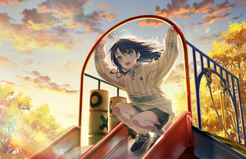 1girl, :d, arms_up, black_shoes, black_shorts, blue_sky, casual, cloud, collared_shirt, full_body, game_cg, gradient_sky, highres, link!_like!_love_live!, long_sleeves, looking_at_viewer, love_live!, murano_sayaka, murano_sayaka_(birdcage_casual), official_alternate_costume, official_art, open_mouth, outdoors, playground, polo_shirt, shirt, shoes, short_shorts, shorts, sky, sleeves_past_wrists, slide, smile, sneakers, socks, solo, sunset, third-party_source, tree, virtual_youtuber, white_shirt, white_socks, yellow_sky