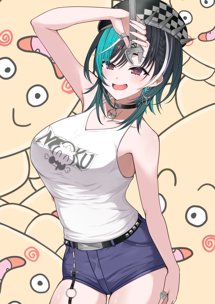 1girl, absurdres, beret, black_choker, black_hair, black_hat, blue_shorts, blush, choker, deshihayashi18, earrings, fang, green_hair, hat, highres, holding, holding_wrench, hololive, hololive_dev_is, jewelry, looking_at_viewer, mole, mole_on_neck, open_mouth, red_eyes, rindo_chihaya, rindo_chihaya_(1st_costume), ring, shirt, short_hair, shorts, skin_fang, smile, solo, virtual_youtuber, white_hair, white_shirt, wrench