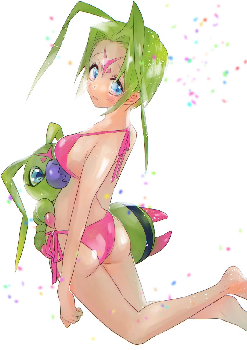 1girl, absurdres, antenna_hair, bikini, blue_eyes, breasts, bug, digimon