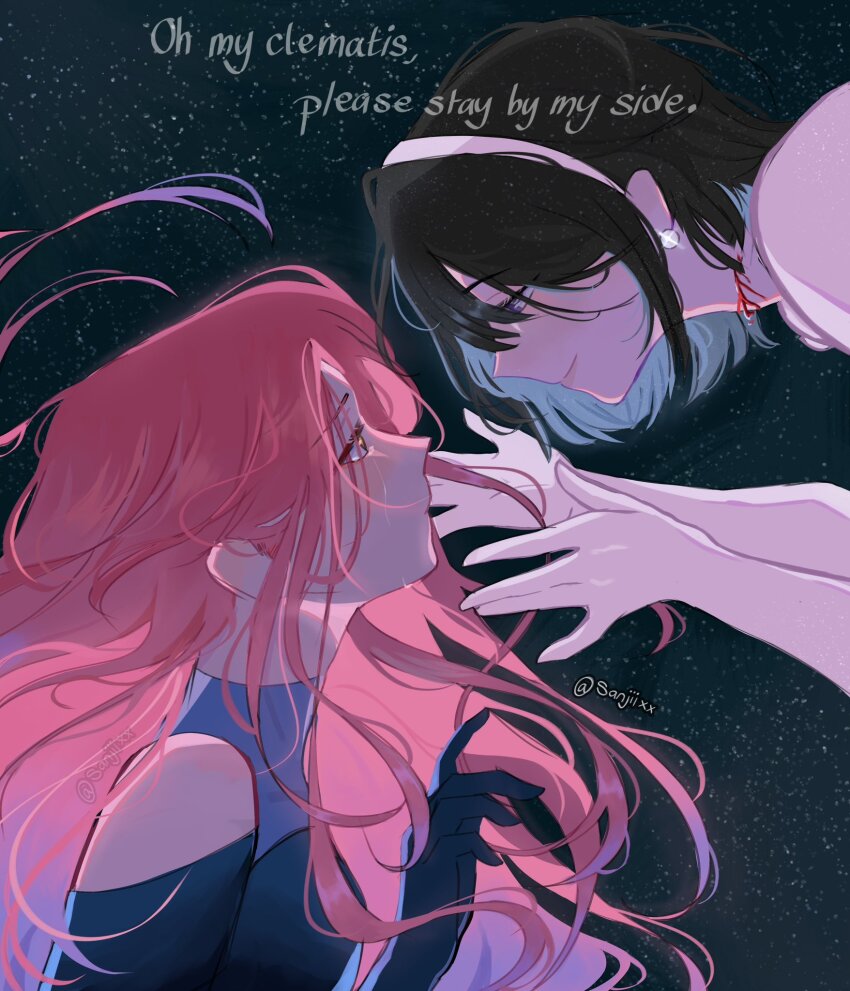 2girls, alien_stage, black_dress, black_gloves, black_hair, blood, blood_on_neck, bob_cut