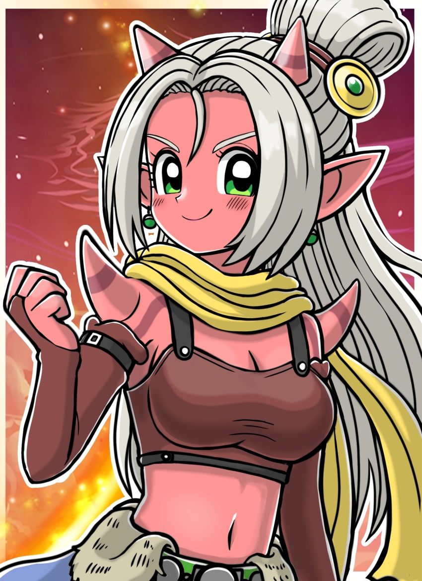 1girl, absurdres, belt, border, breasts, bridal_gauntlets, brown_bridal_gauntlets, brown_sports_bra