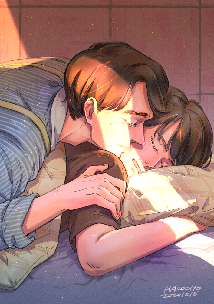 2boys, 30-sai_made_doutei_dato_mahoutsukai_ni_nareru_rashii, adachi_kiyoshi, artist_name, brown_hair, brown_shirt, closed_eyes, crack_of_light, dated, day, indoors, kurosawa_yuuichi_(30-sai_made_doutei_dato_mahoutsukai_ni_nareru_rashii), lying, male_focus, multiple_boys, on_bed, on_stomach, pillow, sai_made_doutei_dato_mahoutsukai_ni_nareru_rashii, shirt, striped_clothes, striped_shirt, tina610212002, yaoi