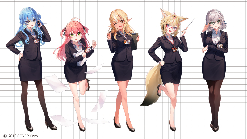 5girls, adjusting_eyewear, ahoge, alternate_costume, animal_ears, black_jacket, black_pantyhose, black_skirt