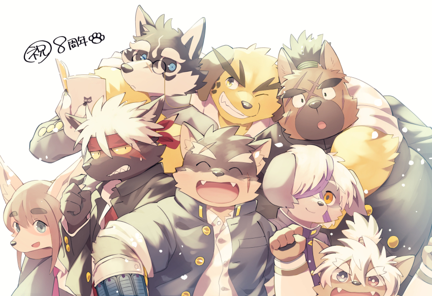 6+boys, ^_^, animal_ear_fluff, animal_ears, anniversary, arms_around_neck, bandage_over_one_eye, black_fur