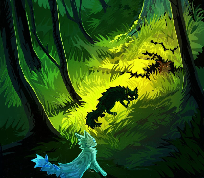 animal, animal_focus, black_cat, black_fur, blue_eyes, cat, commentary, eye_contact, fallen_leaves_(warrior_cats), grass, green_eyes, grey_cat, grey_fur, highres, hollyleaf, jayfeather, kitty_(fernwhisker), looking_at_another, no_humans, orange_eyes, outdoors, power_of_three, tail, tree, warrior_cats