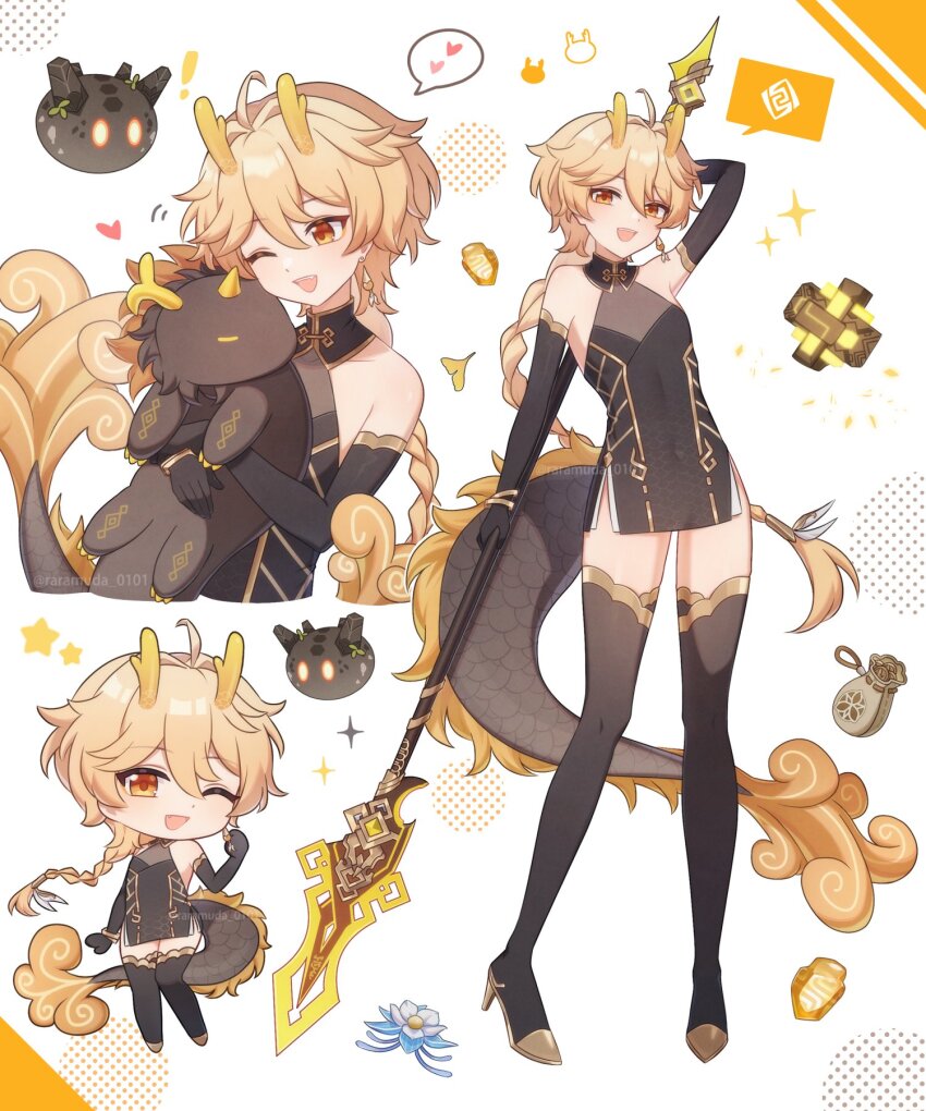 1boy, aether_(genshin_impact), azhdaha_(genshin_impact), black_dress, black_gloves, black_sleeves, black_thighhighs, blonde_hair