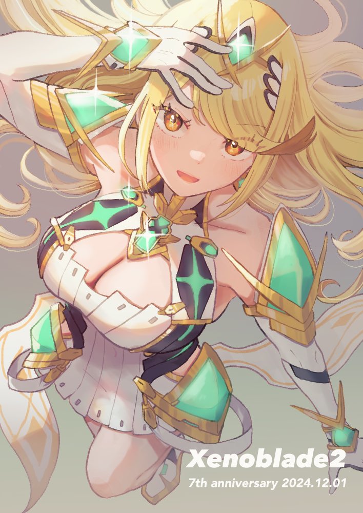 1girl, anniversary, blonde_hair, breasts, chomo_(engawaparty), cleavage, commentary_request, dress, elbow_gloves, gloves, holding, holding_sword, holding_weapon, looking_at_viewer, mythra_(xenoblade), smile, solo, swept_bangs, sword, tiara, weapon, white_dress, white_gloves, xenoblade_chronicles_(series), xenoblade_chronicles_2, yellow_eyes