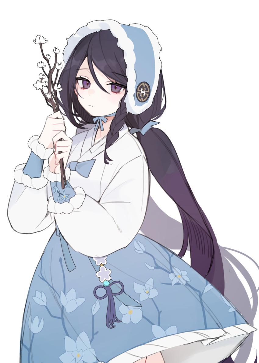 ban_mumani, black_survival, blue_bonnet, blue_bow, blue_skirt, bonnet, bow, braid