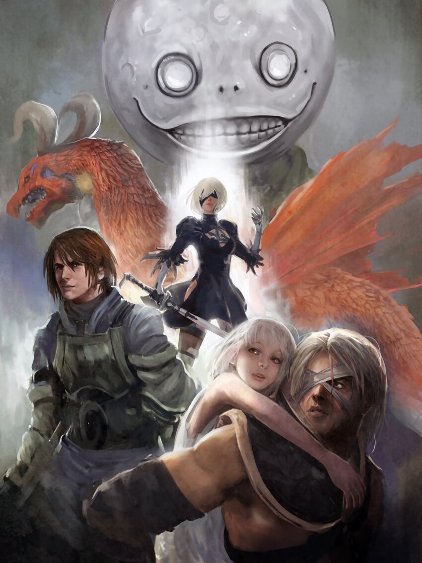 2b_(nier:automata), 2girls, 3boys, angel_(drag-on_dragoon), armor, art_of_papayou, bandaged_head, bandages