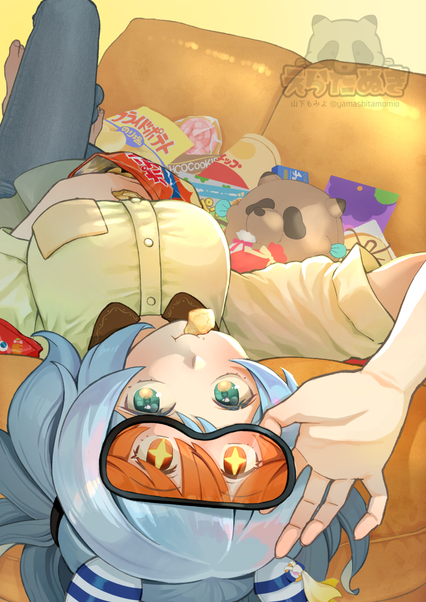 1girl, animal_ears, artist_name, breast_pocket, breasts, casual, chips_(food), couch