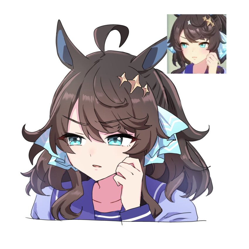 1girl, ahoge, animal_ears, annoyed, blue_eyes, breasts, commentary_request, daring_tact_(umamusume)