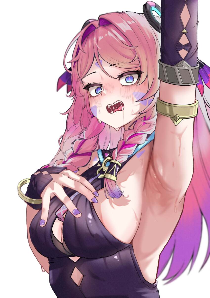 1girl, absurdres, arm_up, armlet, armpits, blue_eyes, blush, braid, breasts, citlali_(genshin_impact), cleavage, detached_sleeves, ehddb72, facial_mark, forehead_mark, genshin_impact, highres, jewelry, long_hair, looking_at_viewer, medium_breasts, multicolored_hair, open_mouth, pink_hair, purple_nails, saliva, sideboob, simple_background, solo, teeth, tongue, two-tone_hair, variant_set, white_background