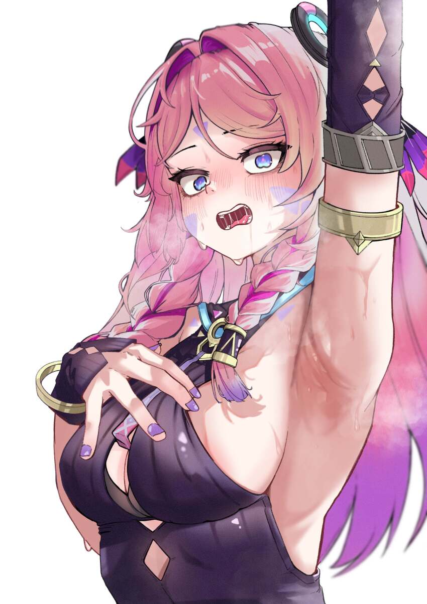 1girl, absurdres, arm_up, armlet, armpits, blue_eyes, blush, braid, breasts, citlali_(genshin_impact), cleavage, detached_sleeves, ehddb72, facial_mark, forehead_mark, genshin_impact, highres, jewelry, long_hair, looking_at_viewer, medium_breasts, multicolored_hair, open_mouth, pink_hair, presenting_armpit, purple_nails, saliva, sideboob, simple_background, solo, sweat, teeth, tongue, two-tone_hair, variant_set, white_background