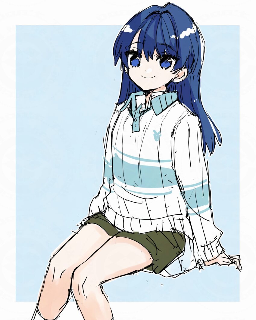 1girl, black_shorts, blue_background, blue_eyes, blue_hair, border, casual, collared_shirt, commentary_request, dark_blue_hair, feet_out_of_frame, hair_down, highres, invisible_chair, kanduki_kamibukuro, link!_like!_love_live!, long_hair, long_sleeves, love_live!, murano_sayaka, murano_sayaka_(birdcage_casual), official_alternate_costume, official_alternate_hairstyle, outside_border, polo_shirt, shirt, short_shorts, shorts, simple_background, sitting, sketch, solo, virtual_youtuber, white_border, white_shirt