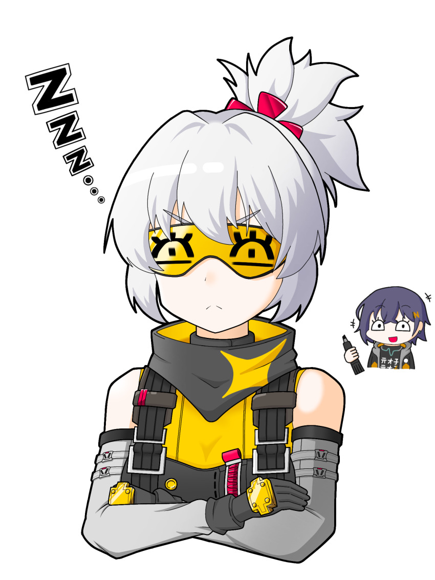 2girls, belle_(zenless_zone_zero), benis_zzz, black_gloves, closed_mouth, crossed_arms, gloves, hair_between_eyes