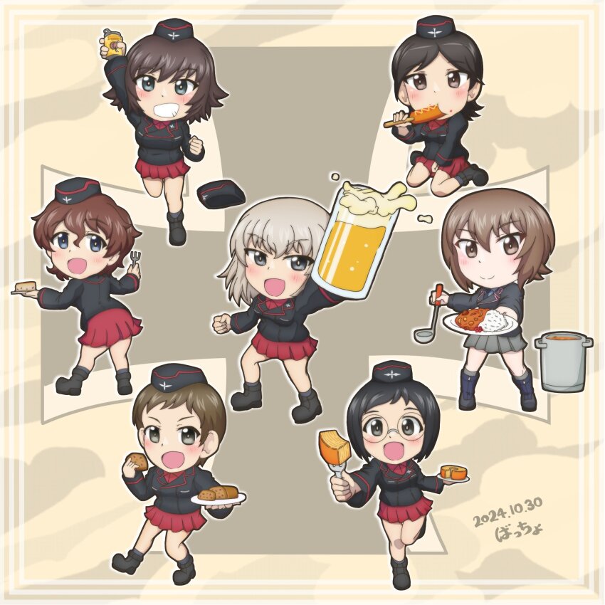 6+girls, akaboshi_koume, alcohol, baumkuchen, beer, beer_can, beer_mug, black_eyes, black_footwear, black_hair, black_hat, black_jacket, bread, brown_eyes, brown_hair, can, corn_dog, cross, cup, curly_hair, curry, curry_rice, dated, drink_can, emblem, food, food_request, fork, garrison_cap, girls_und_panzer, grey_hair, grey_skirt, hat, hida_ema, highres, holding, holding_can, holding_cup, holding_food, holding_fork, iron_cross, iruma_anna, itsumi_erika, jacket, katsuya_megu, kojima_emi, kuromorimine_(emblem), kuromorimine_military_uniform, long_hair, miniskirt, mug, multiple_girls, nishizumi_maho, non-alcoholic_beer, oekaki_baccho, red_skirt, rice, short_hair, skirt, very_short_hair