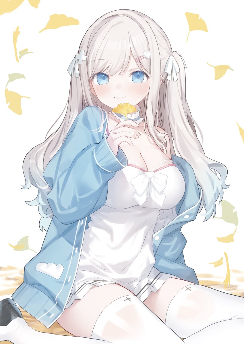 1girl, absurdres, black_shoes, blue_eyes, blue_hair, blue_jacket, blush, breasts