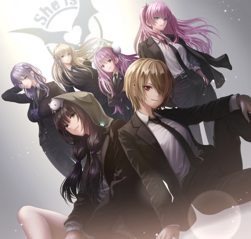 6+girls, absurdres, aikawa_megumi, aikawa_megumi_(twilight_maturation), animal, animal_on_head, asakura_karen_(heaven_burns_red), belt