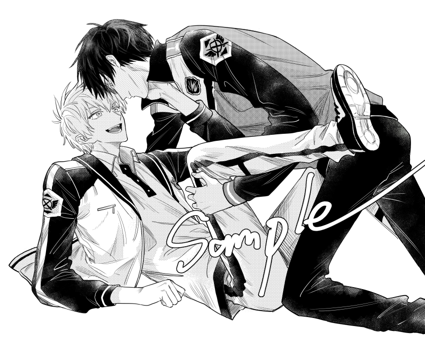 2boys, :d, absurdres, buttons, character_request, check_character, chinese_commentary, closed_mouth