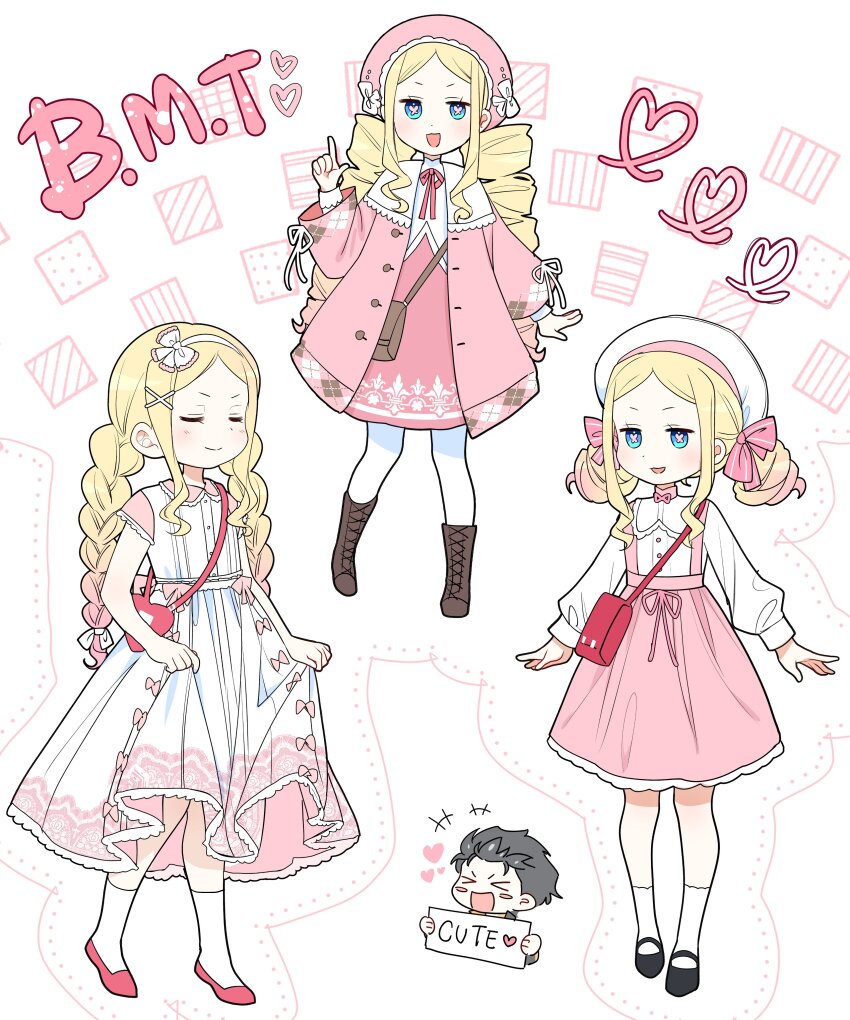 absurdres, ankle_socks, aqua_eyes, bag, beatrice_(re:zero), beret, black_footwear, black_hair, blonde_hair, blouse, blush, blush_stickers, boots, bow, bow_hairband, braid, brown_footwear, chibi, closed_eyes, closed_mouth, clothes_lift, dress, dress_lift, drill_hair, drill_sidelocks, full_body, hairband, hat, hat_bow, heart, heart-shaped_pupils, highres, holding_own_dress, lifting_own_clothes, long_hair, long_sleeves, multiple_views, natsuki_subaru, no_keze, open_mouth, pantyhose, pink_ribbon, pink_skirt, puffy_long_sleeves, puffy_sleeves, re:zero_kara_hajimeru_isekai_seikatsu, red_footwear, ribbon, shirt, shoes, short_hair, short_sleeves, sidelocks, simple_background, skirt, socks, standing, suspender_skirt, suspenders, symbol-shaped_pupils, twin_braids, white_pantyhose, white_ribbon, white_shirt, white_socks, wide_sleeves