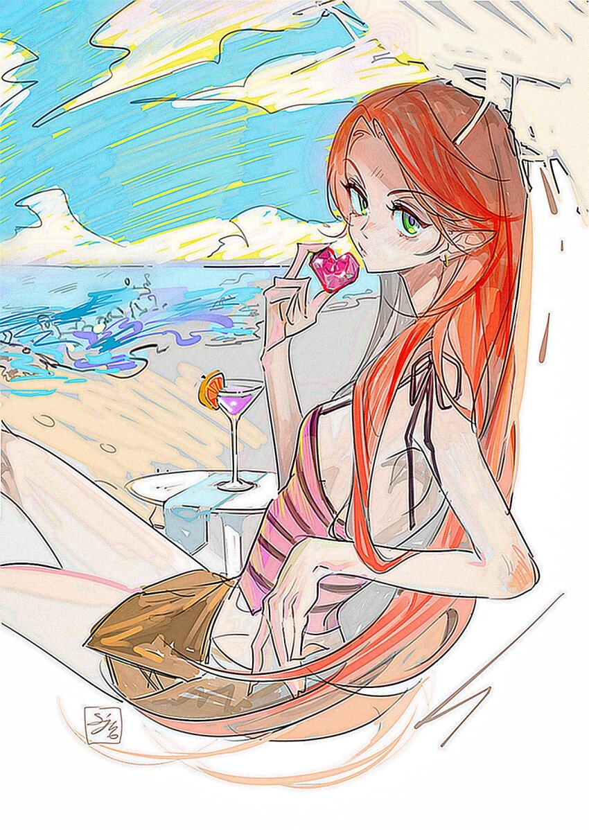 1girl, beach, blush, camisole, chocolat_meilleure, cloud, commentary_request, doisoe, earrings, green_eyes, heart, highres, holding, holding_heart, jewelry, looking_back, ocean, orange_hair, pink_camisole, pointy_ears, skirt, solo, sugar_sugar_rune, table