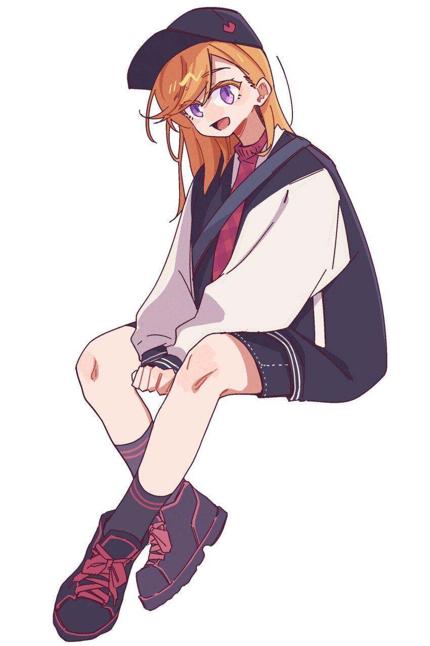 1girl, baseball_cap, black_hat, black_jacket, black_shoes, black_shorts, black_socks, commentary_request, full_body, hat, highres, invisible_chair, jacket, kawa_(chuan_kawa_), long_hair, looking_at_viewer, love_live!, love_live!_superstar!!, multicolored_jacket, open_mouth, orange_hair, purple_eyes, red_sweater, shibuya_kanon, shoes, shorts, simple_background, sitting, socks, solo, sweater, swept_bangs, turtleneck, turtleneck_sweater, two-tone_jacket, white_background, white_sleeves