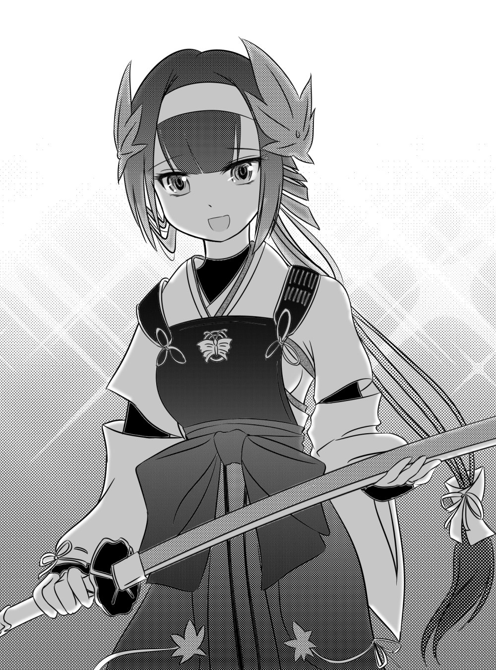 1girl, armor, blunt_bangs, bridal_gauntlets, clothing_cutout, commentary_request, dou, greyscale