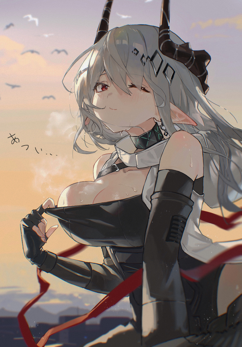 1girl, arknights, bare_shoulders, black_gloves, black_horns, blush, breasts, closed_mouth