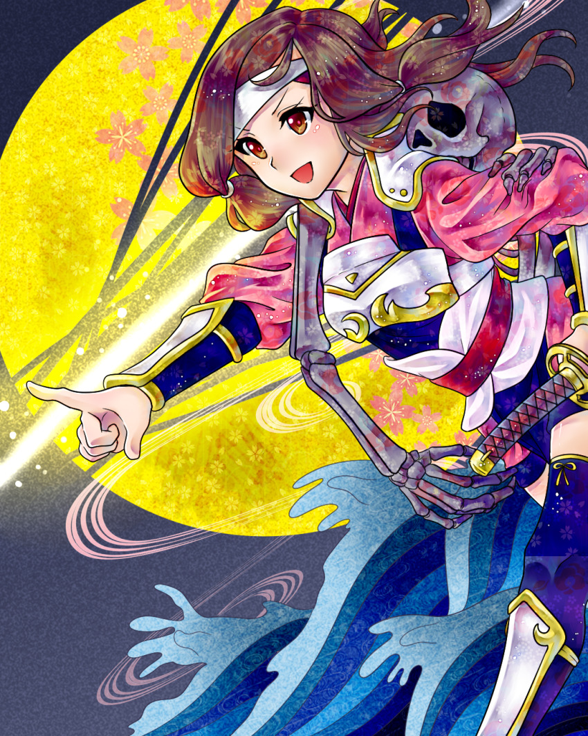 1girl, armor, brown_eyes, brown_hair, fire_emblem, fire_emblem_fates, full_moon, hana_(fire_emblem)