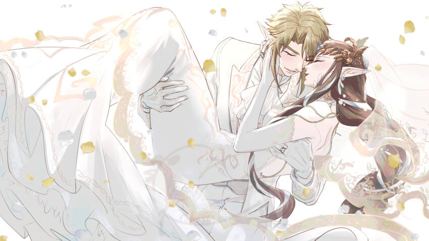 1boy, 1girl, bridal_veil, brown_hair, carrying, circlet, dress, elbow_gloves