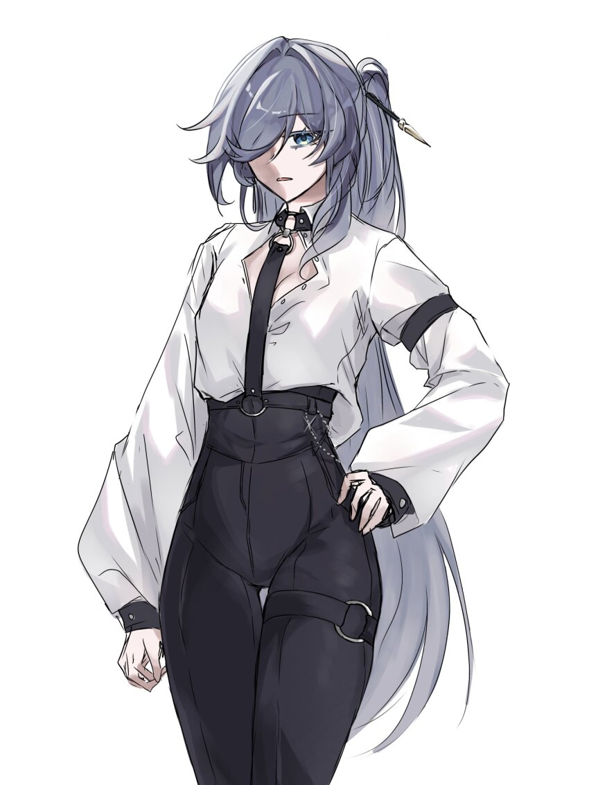 1girl, alternate_costume, armlet, black_pants, blue_eyes, center_opening, collared_shirt, commentary_request