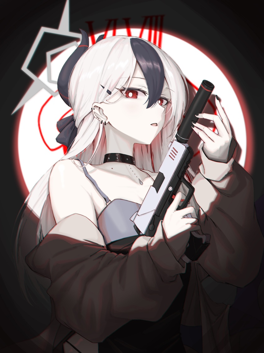 1girl, barbell_piercing, black_choker, black_dress, black_hair, black_horns, black_nails, blue_archive