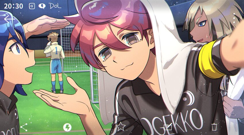 4boys, armband, black_hair, black_shirt, blonde_hair, blue_hair, blue_shorts, blue_socks