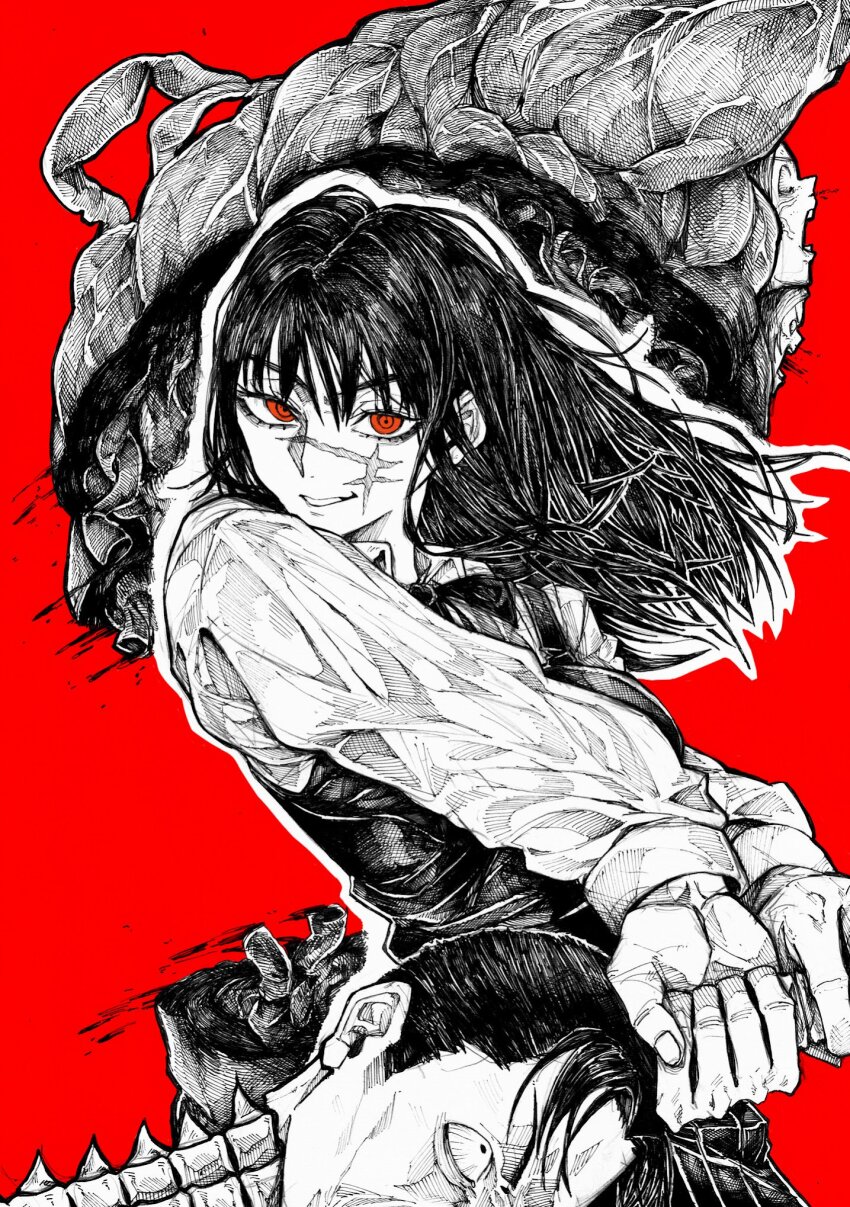 1girl, chainsaw_man, class_president_(chainsaw_man), facial_scar, fourth_east_high_school_uniform, greyscale_with_colored_background, highres, holding