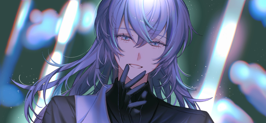 1boy, absurdres, black_gloves, black_jacket, blue_eyes, blue_hair, blurry, blurry_background