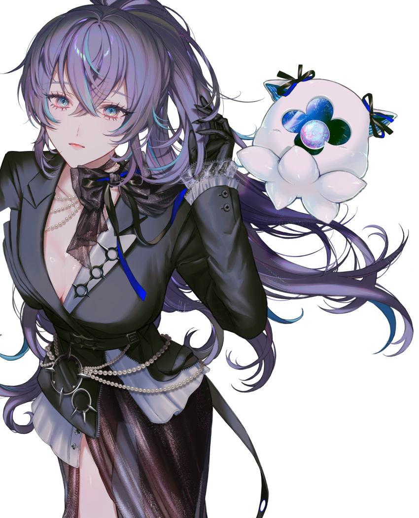 1girl, absurdres, black_bow, black_dress, black_gloves, black_jacket, blue_eyes, blue_hair