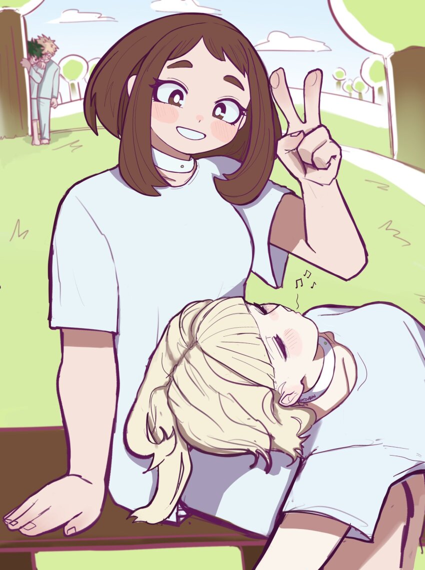 2boys, 2girls, alien_stage, artist_name, bakugou_katsuki, beamed_eighth_notes, blonde_hair, boku_no_hero_academia, bright_pupils, brown_eyes, brown_hair, choker, closed_eyes, commentary, english_commentary, grass, green_hair, hand_rest, highres, katzubun, lap_pillow, long_sleeves, medium_hair, midoriya_izuku, multiple_boys, multiple_girls, musical_note, pants, shirt, short_hair, short_sleeves, shorts, sitting, toga_himiko, tree, uraraka_ochako, v, whistling, white_choker, white_pants, white_pupils, white_shirt, white_shorts