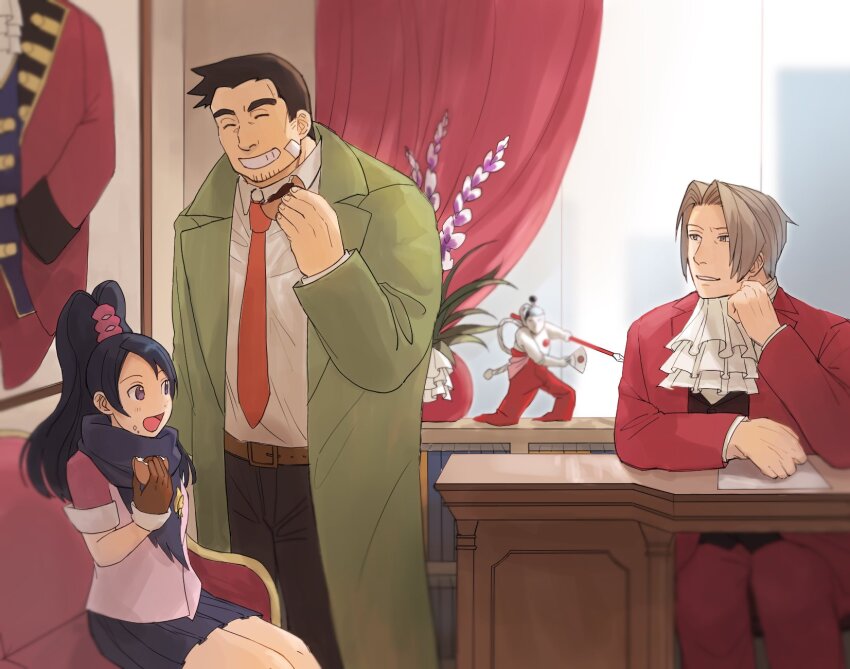1girl, 2boys, :d, ace_attorney, ace_attorney_investigations, ascot, bandaid, bandaid_on_face, black_hair, black_pants, black_vest, blue_scarf, brown_gloves, coat, desk, dick_gumshoe, dorayaki, facial_hair, figure, flower_pot, food, formal_clothes, gloves, green_coat, grey_hair, grin, hachi_goma47, highres, holding, holding_food, indoors, jacket, kay_faraday, miles_edgeworth, miniskirt, multiple_boys, necktie, open_mouth, pants, pink_shirt, pleated_skirt, red_jacket, red_necktie, red_pants, red_suit, scarf, shirt, sitting, skirt, smile, steel_samurai, suit, vest, wagashi, white_ascot, white_shirt
