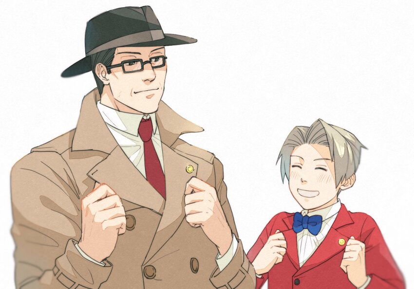 2boys, ^_^, ace_attorney, ace_attorney_investigations, ace_attorney_investigations_2:_prosecutor's_gambit, badge, black_eyes, black_hair, black_hat, blue_bow, blue_bowtie, bow, bowtie, button_badge, child, closed_eyes, coat, father_and_child, father_and_son, glasses, gregory_edgeworth, grey_hair, hachi_goma47, hands_up, happy, hat, jacket, light_smile, long_sleeves, male_focus, miles_edgeworth, multiple_boys, necktie, parent_and_child, parted_bangs, pose_imitation, red_jacket, red_necktie, shirt, trench_coat, white_background, white_shirt