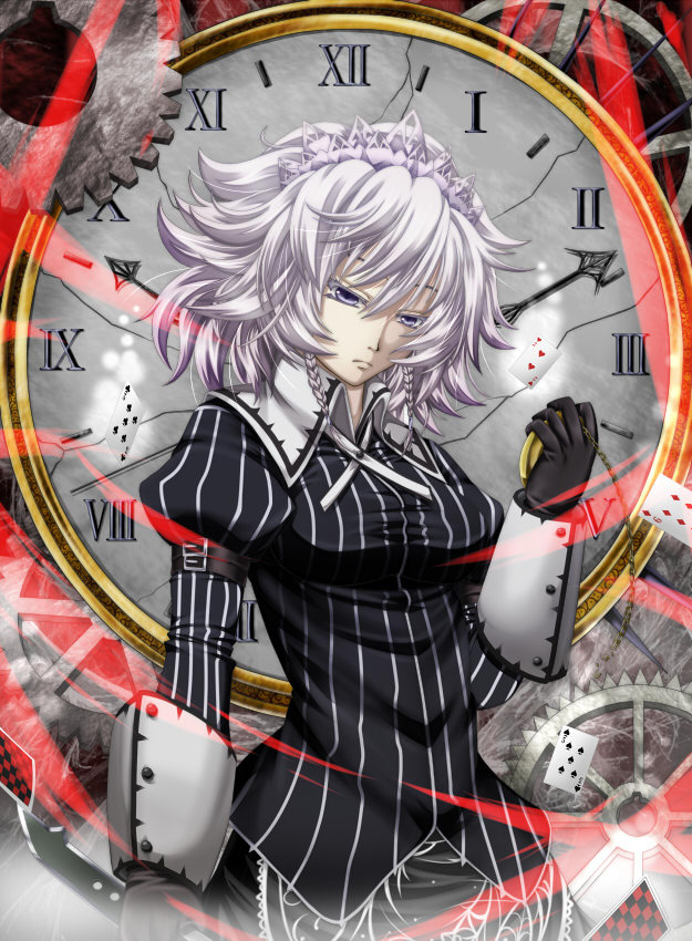 1girl, alternate_costume, archienemy, blue_eyes, braid, card, clock, floating_card