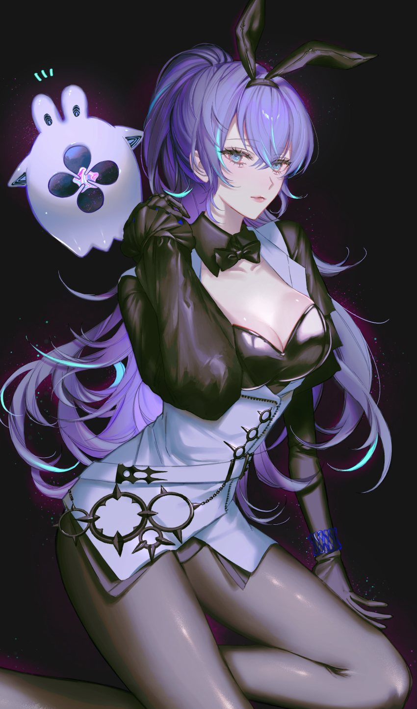 1girl, absurdres, animal, animal_ears, arm_support, black_background, black_bow, black_bowtie, black_gloves, black_pantyhose, black_shirt, blue_eyes, blue_hair, bow, bowtie, bracelet, breasts, cleavage, commentary, detached_collar, fabnuu, fake_animal_ears, genderswap, genderswap_(mtf), gloves, hand_up, highres, hoshirube_sho, jacket, jewelry, large_breasts, looking_at_viewer, multicolored_hair, nijisanji, pantyhose, ponytail, purple_hair, rabbit_ears, shirt, simple_background, sitting, smile, solo, streaked_hair, untranslatable_commentary, virtual_youtuber, wariza, white_jacket