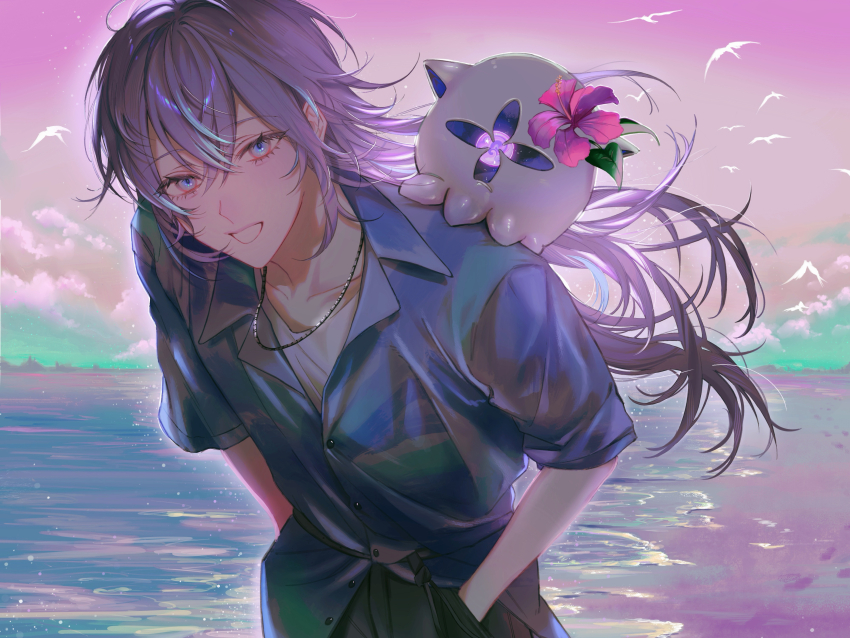 1boy, absurdres, animal, animal_on_shoulder, black_pants, blue_eyes, blue_hair, blue_shirt