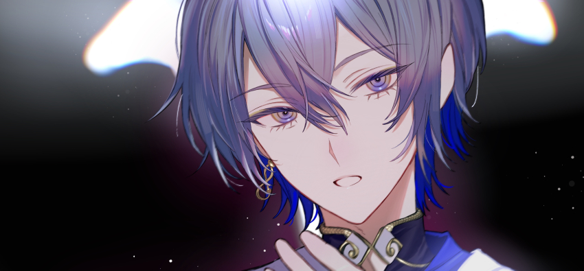 1boy, absurdres, black_background, blue_hair, colored_inner_hair, commentary_request, earrings, eyelashes