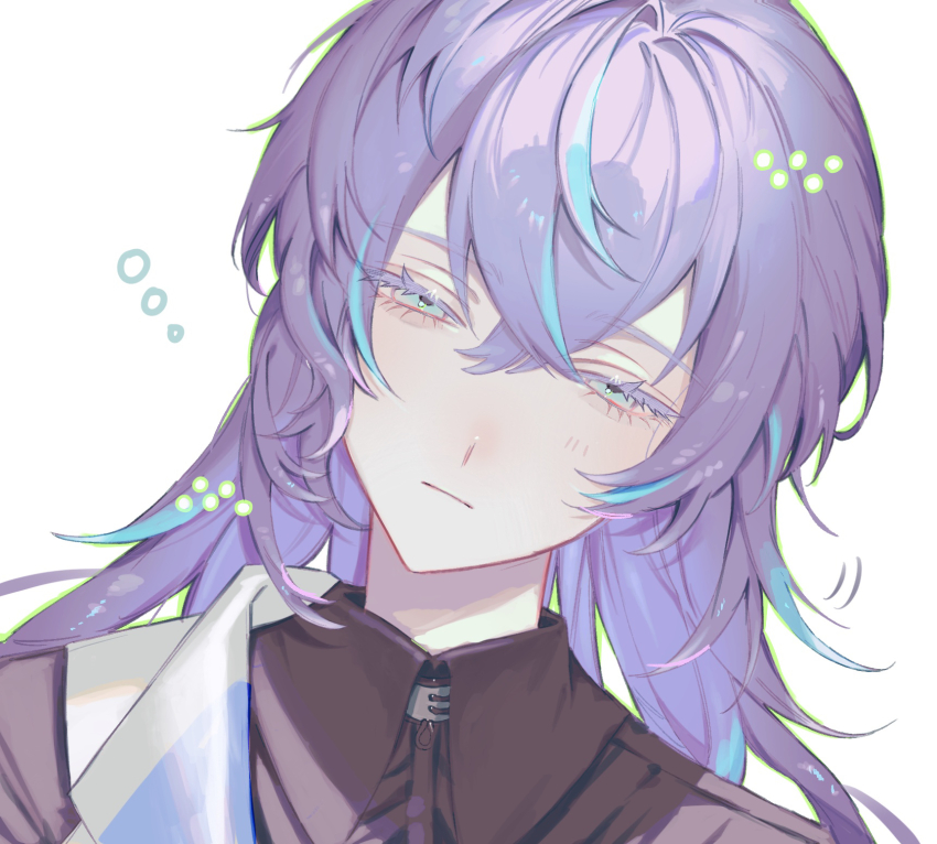 1boy, black_shirt, blue_hair, colored_eyelashes, commentary, fabnuu, frown, green_eyes