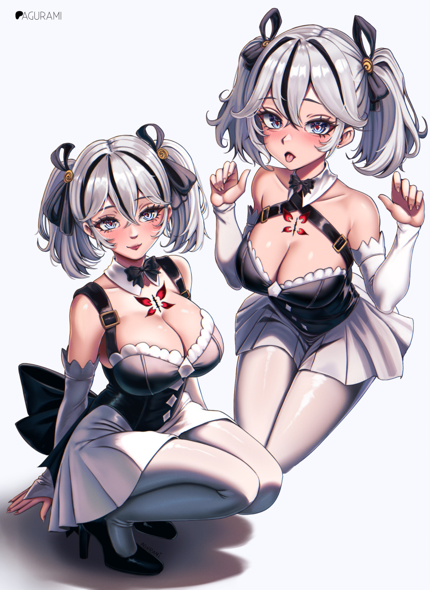 1girl, agurami, alternate_breast_size, alternate_costume, artist_name, bare_shoulders, black_bow, black_footwear